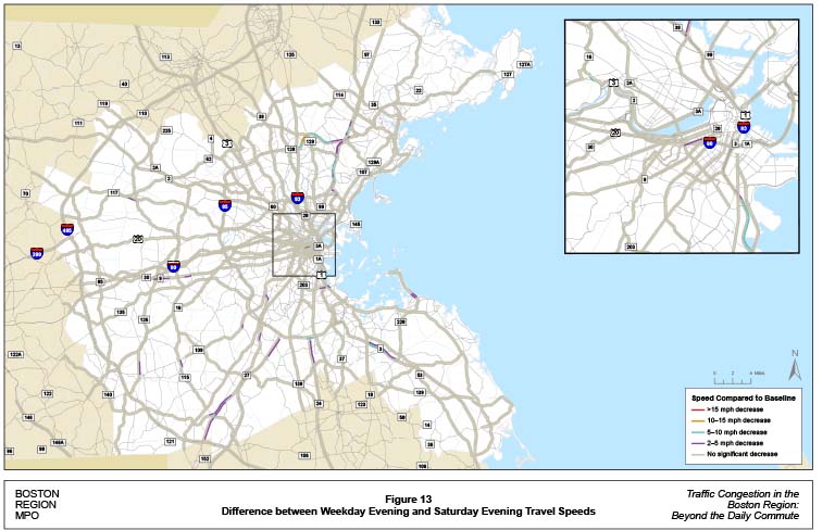 Figure 13 shows the change in travel speeds on Saturday evenings, versus weekday evening speeds (baseline). Locations that experienced a travel speed decrease of more than 15 miles per hour are indicated by a red line. Locations that experienced a travel speed decrease of between 10 miles per hour and 15 miles per hour are indicated by an orange line. Locations that experienced a travel speed decrease of between five miles per hour and 10 miles per hour are indicated by a blue line. Locations that experienced a travel speed decrease of between two miles per hour and five miles per hour are indicated by a purple line. Locations that experienced no significant travel speed decrease are indicated by a grey line.