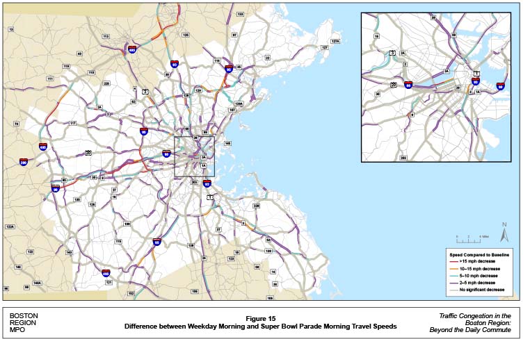 Figure 15 is a map showing the change in travel speeds on the morning of the Super Bowl parade versus weekday morning speeds (baseline). Locations that experienced a travel speed decrease of more than 15 miles per hour are indicated by a red line. Locations that experienced a travel speed decrease of between 10 miles per hour and 15 miles per hour are indicated by an orange line. Locations that experienced a travel speed decrease of between five miles per hour and 10 miles per hour are indicated by a blue line. Locations that experienced a travel speed decrease of between two miles per hour and five miles per hour are indicated by a purple line. Locations that experienced no significant travel speed decrease are indicated by a grey line.