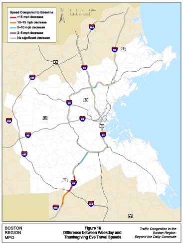 Figure 16 is a map showing the change in travel speeds on the day before Thanksgiving, versus typical weekday speeds (baseline). Locations that experienced a travel speed decrease of more than 15 miles per hour are indicated by a red line. Locations that experienced a travel speed decrease of between 10 miles per hour and 15 miles per hour are indicated by an orange line. Locations that experienced a travel speed decrease of between five miles per hour and 10 miles per hour are indicated by a blue line. Locations that experienced a travel speed decrease of between two miles per hour and five miles per hour are indicated by a purple line. Locations that experienced no significant travel speed decrease are indicated by a grey line.