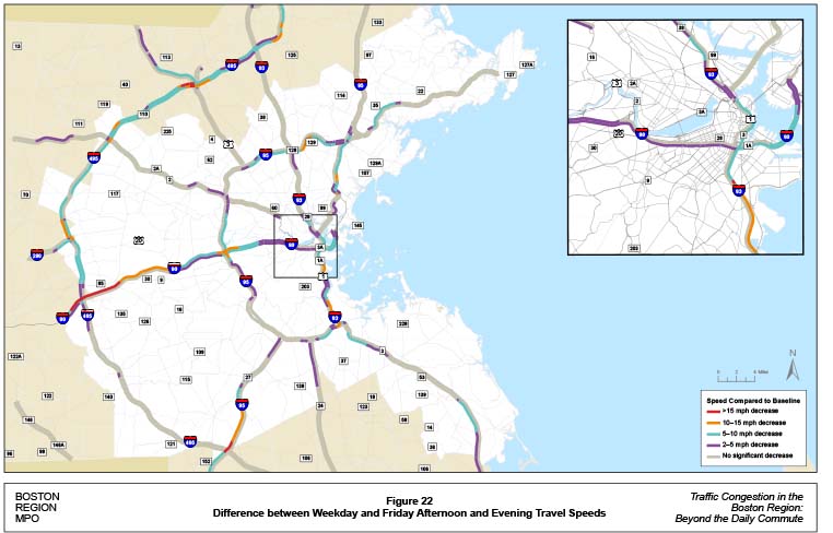 Figure 22 is a map showing the change in travel speeds on Friday afternoons and evenings versus typical weekday speeds (baseline). Locations that experienced a travel speed decrease of more than 15 miles per hour are indicated by a red line. Locations that experienced a travel speed decrease of between 10 miles per hour and 15 miles per hour are indicated by an orange line. Locations that experienced a travel speed decrease of between five miles per hour and 10 miles per hour are indicated by a blue line. Locations that experienced a travel speed decrease of between two miles per hour and five miles per hour are indicated by a purple line. Locations that experienced no significant travel speed decrease are indicated by a grey line.