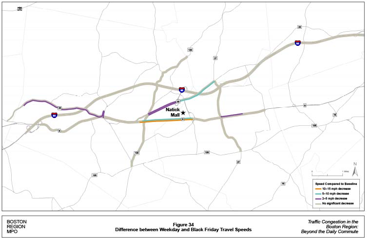 Figure 34 is a map showing the change in travel speeds on Black Friday versus typical weekday speeds (baseline). Locations that experienced a travel speed decrease of between 10 miles per hour and 15 miles per hour are indicated by an orange line. Locations that experienced a travel speed decrease of between five miles per hour and 10 miles per hour are indicated by a blue line. Locations that experienced a travel speed decrease of between two miles per hour and five miles per hour are indicated by a purple line. Locations that experienced no significant travel speed decrease are indicated by a grey line.


