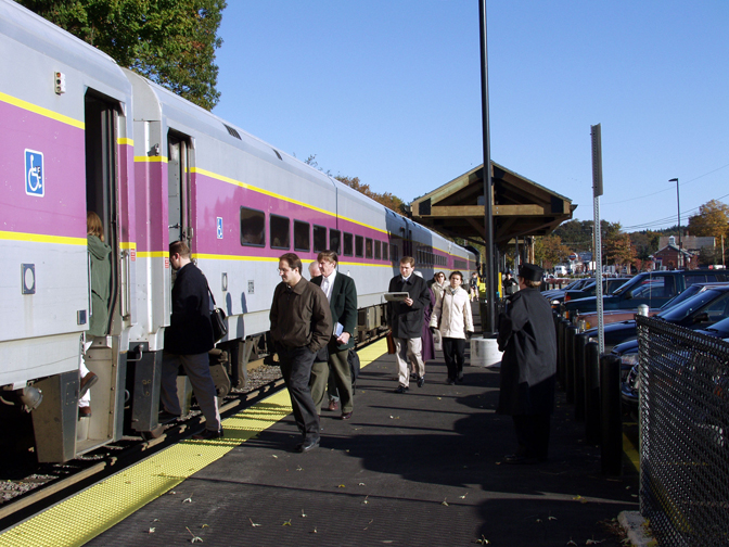 Description: Picture of passengers boarding a commuter rail train at Hamilton/Wenham Station.