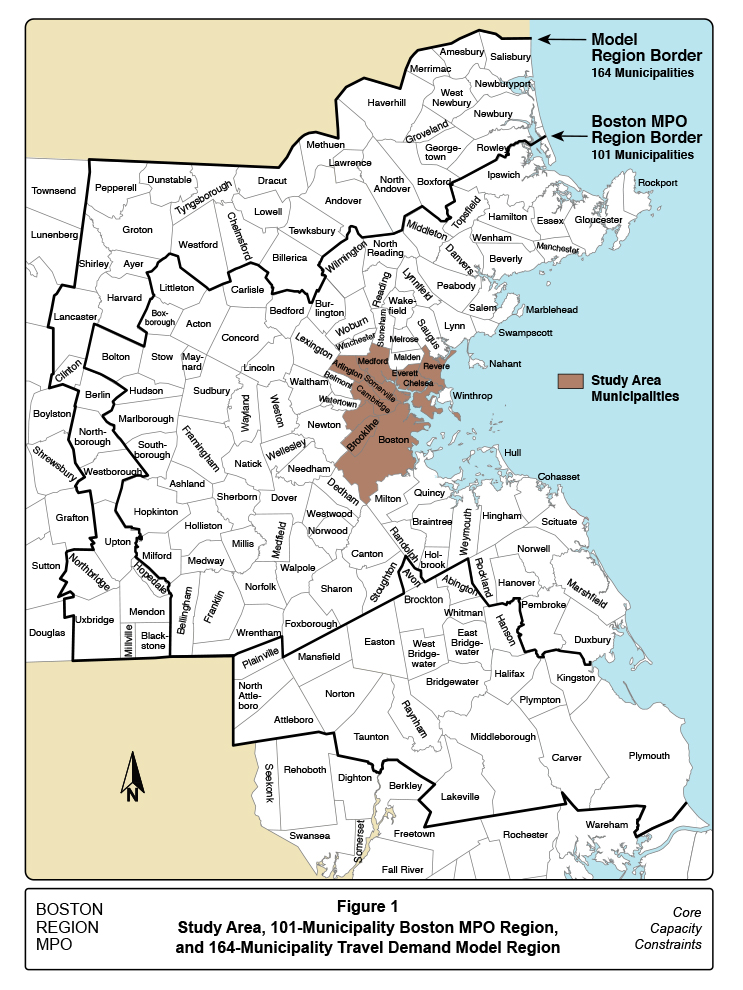 Figure 1 is a map of eastern Massachusetts. The boundaries of the Core Capacity study area, Boston MPO region, and travel demand model region are shown.