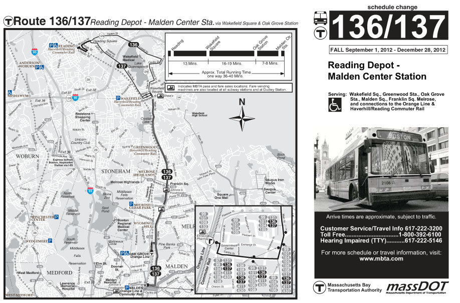 This page is the MBTA map of bus Route 136 and  137, between Reading Depot and Malden Center Station.