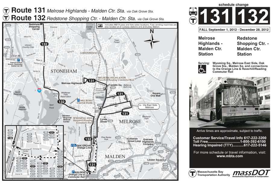 This page is the MBTA map of bus Routes 131 and 132. Route 131 is between Melrose Highlands and Malden Center Station, also known as Oak Grove Station. Route 132 is between Redstone Shopping Center and Malden Center Station,