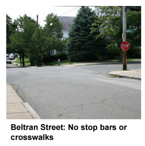 Photograph of Beltran Street: No stop bars or crosswalks