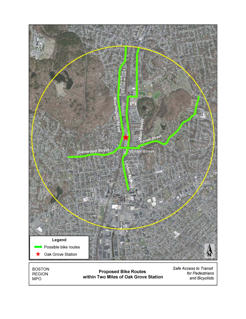 This figure shows as aerial map that shows the proposed bike routes within two miles of Oak Grove Station.