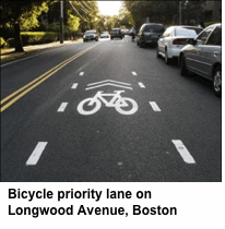 Bicycle Priority lane on Longwood Avenue, Boston.
