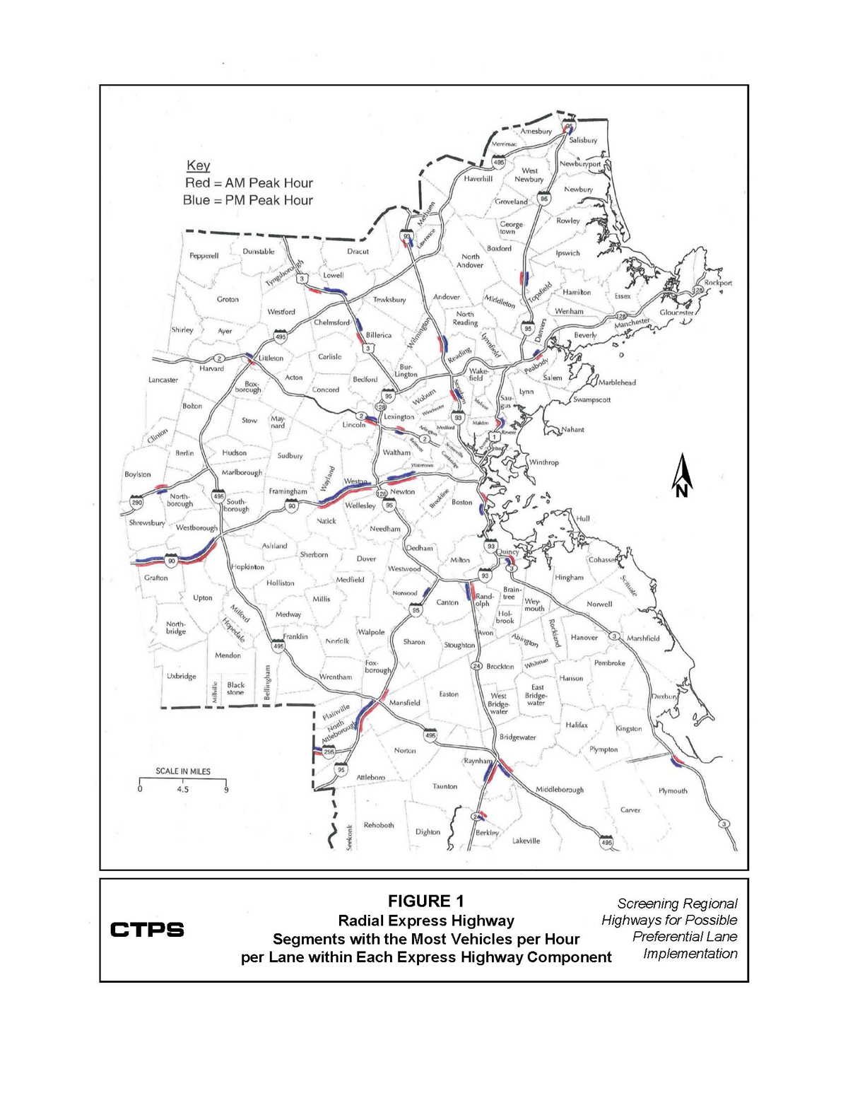 Figure 1 is a map of eastern Massachusetts. There are a total of 26 radial express highway system components. Within each of these components both the most congested AM segment and the most congested PM segment are highlighted.