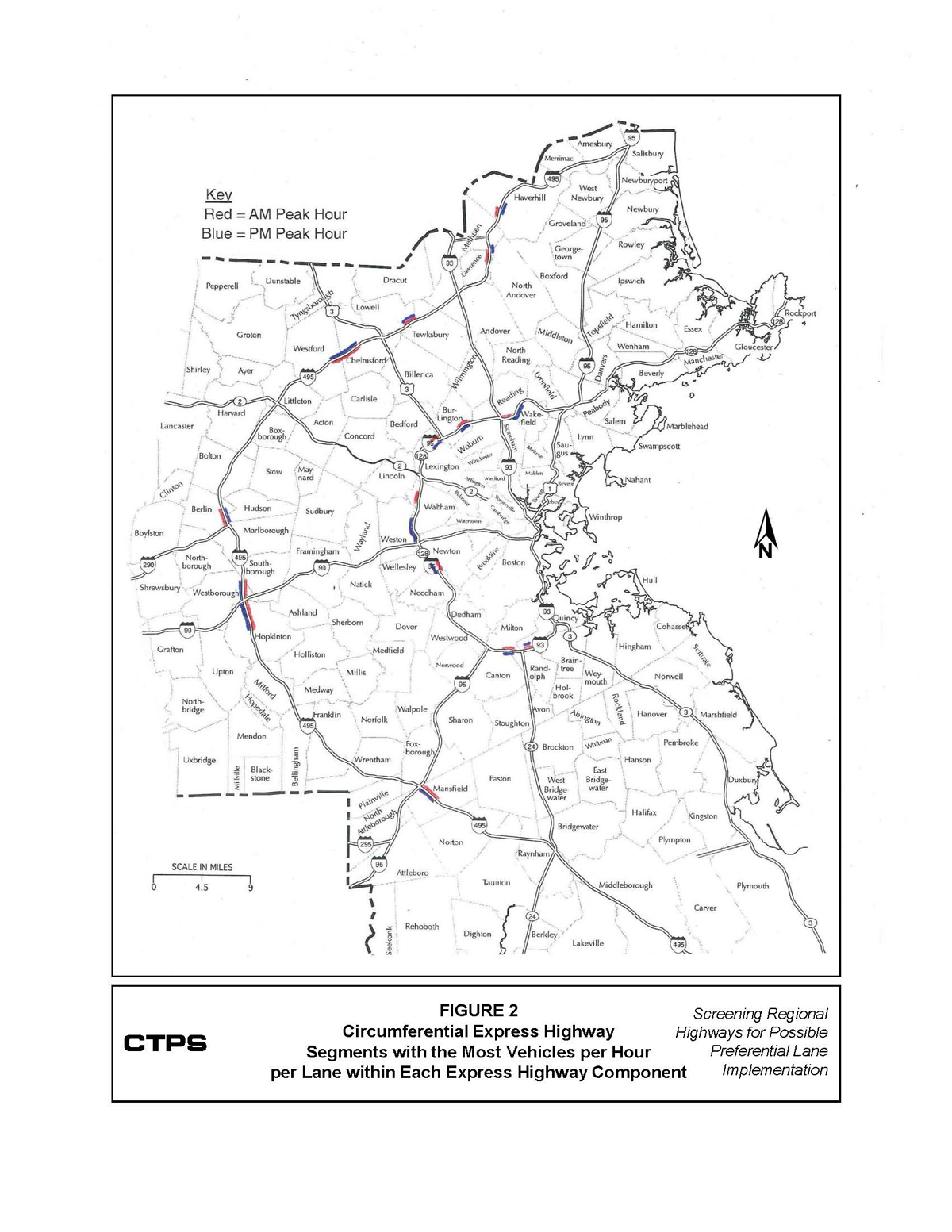 Figure 2 is a map of eastern Massachusetts. There are a total of 26 circumferential express highway system components. Within each of these components both the most congested AM segment and the most congested PM segment are highlighted.