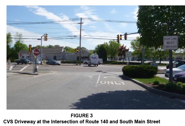 Figure 3 is an aerial view of the CVS driveway at the intersection of Route 140 and South Main Street, in Milford. 