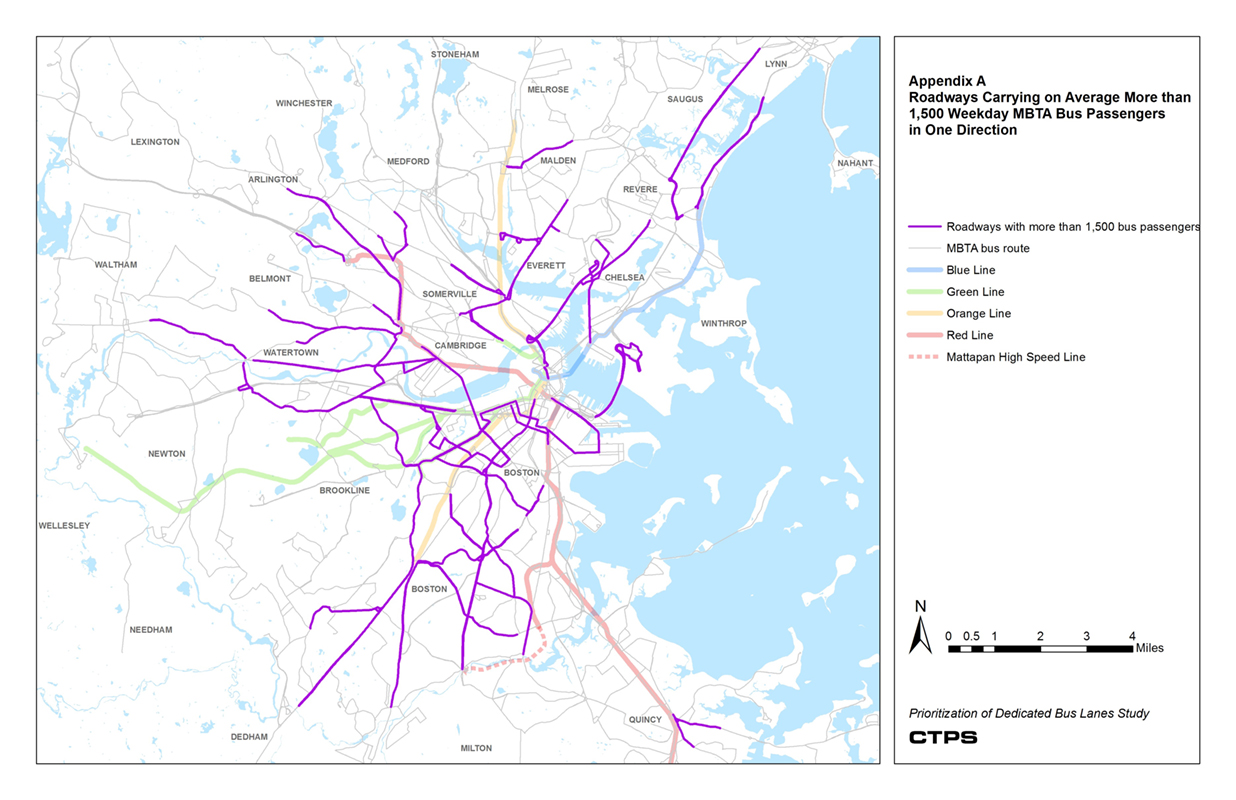 Appendix A is a map depicting roadways in the Boston area that carry an average of more than 1,500 MBTA bus passengers (in one direction) on weekdays. MBTA bus routes and rapid transit lines are shown. 
