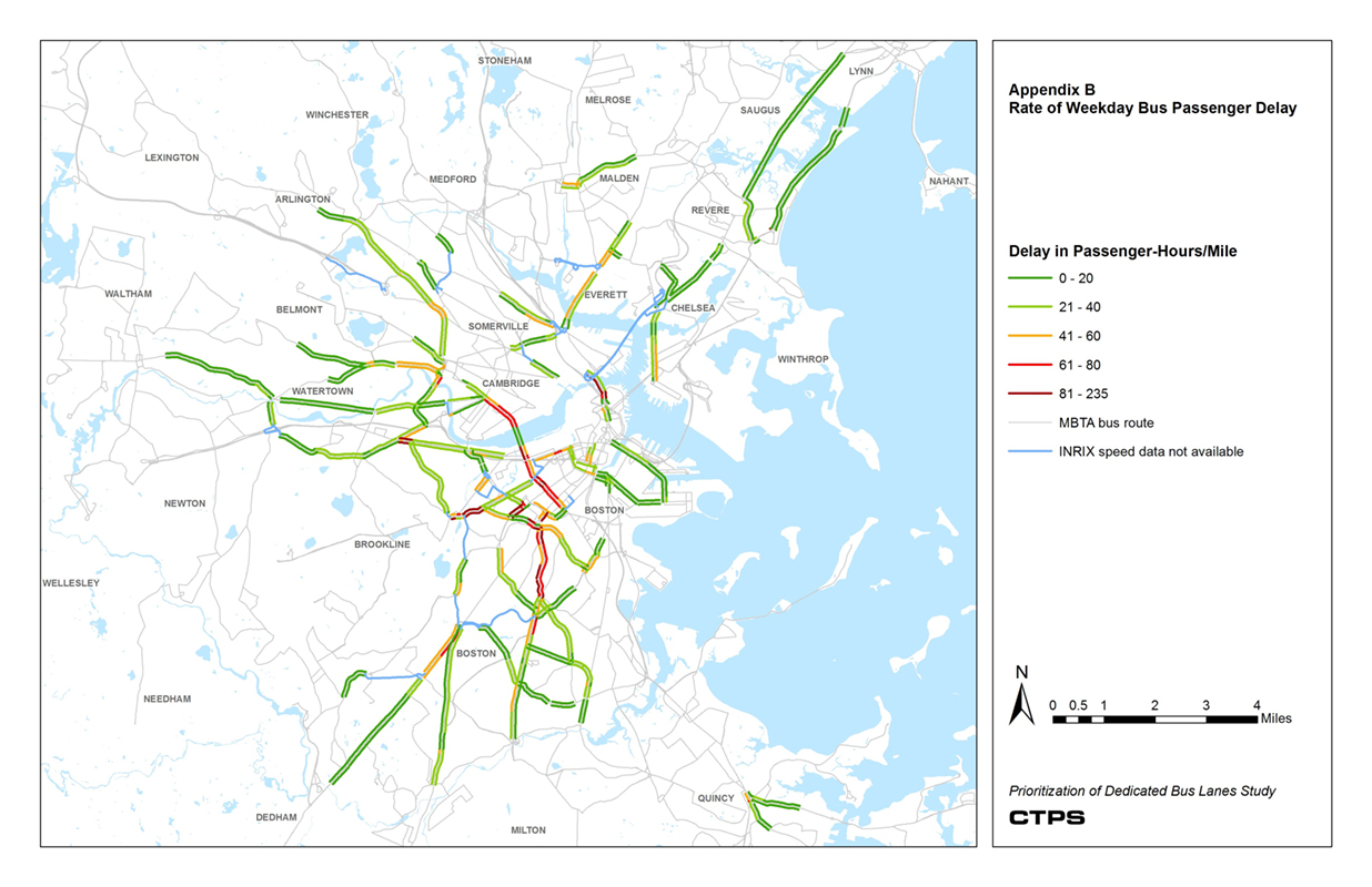 Appendix B is a map depicting the rate of weekday bus passenger delay on roadways in the Boston area. Color overlays on the map indicate the delay in passenger-hours per mile.