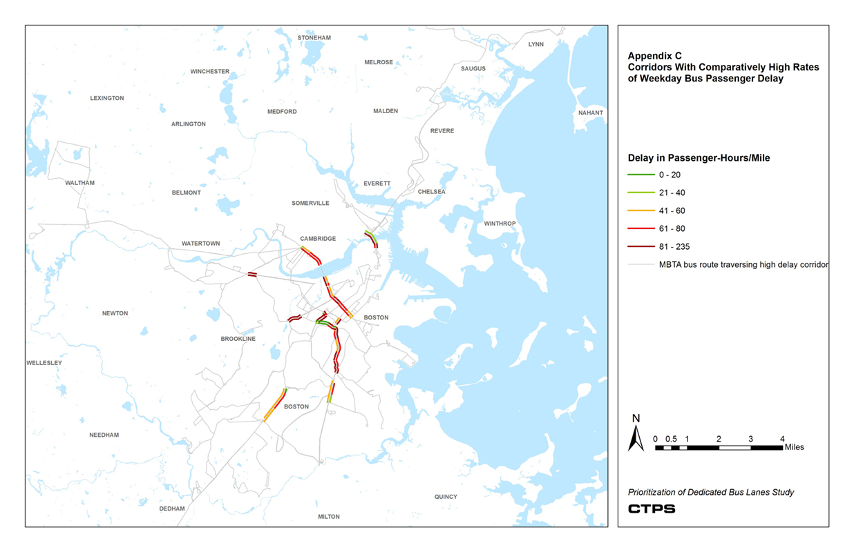 Appendix C is a map of the Boston region highlighting corridors with comparatively high rates of weekday bus passenger delay. Color overlays on the map indicate the delay in passenger-hours per mile.