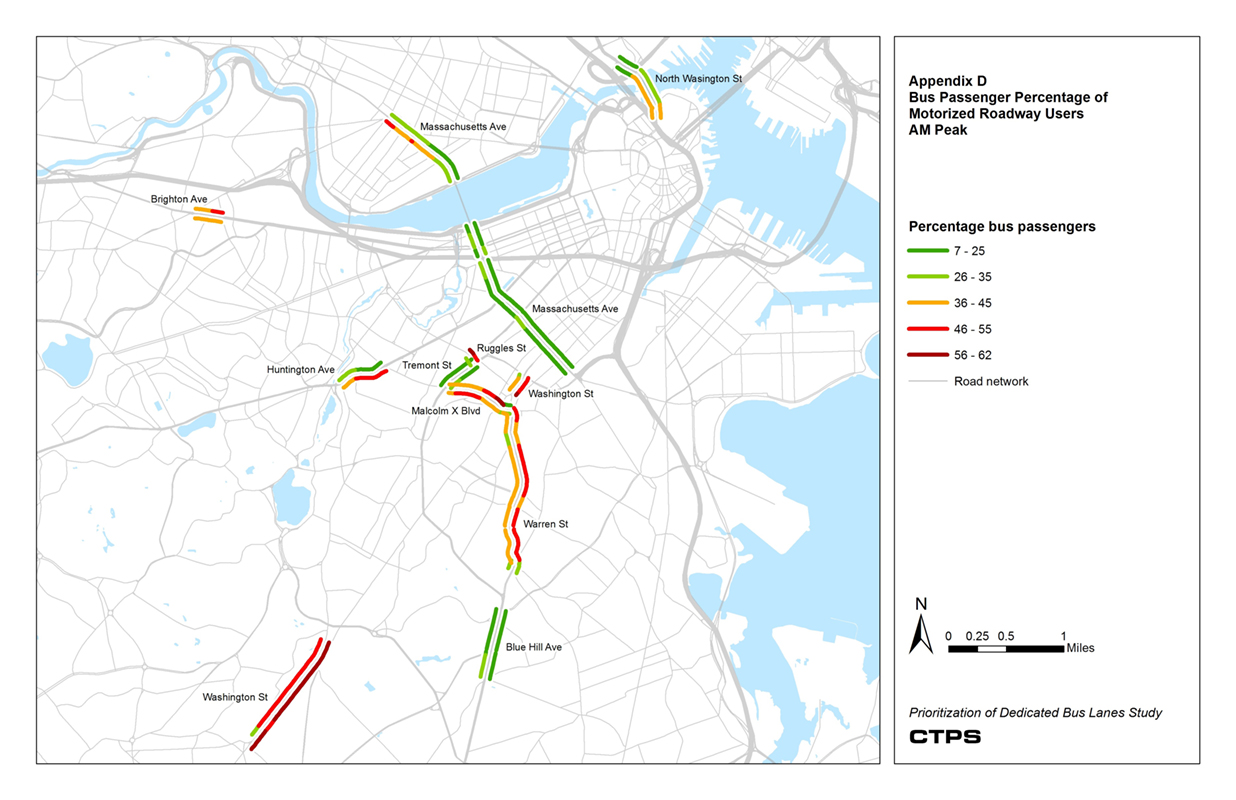 Appendix D is a map of part of Boston and Cambridge highlighting the percentage of bus passengers per roadway users in motorized vehicles during the AM peak travel period. Color overlays on the map indicate the percentage of bus passengers.