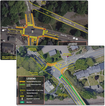 One figure excerpted from each memo showing short term or low cost intersection improvements and described fully in the corresponding memo, available for download from this page