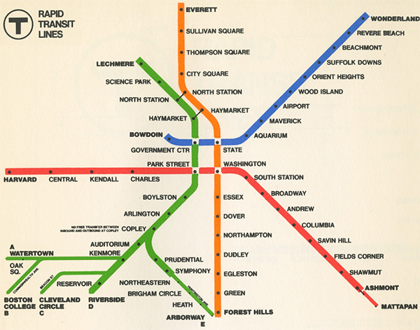 Figure 1: The original MBTA Rapid Transit Map, circa 1965