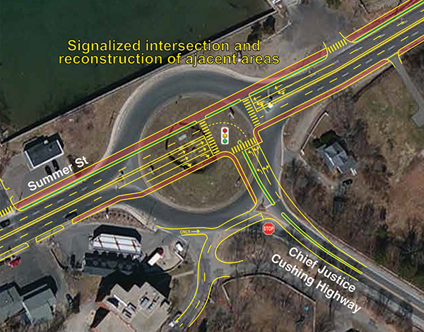 An MPO study has proposed two alternatives for replacing the Route 3A rotary in Hingham. The overlays above show the layout of a proposed signalized intersection.