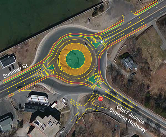 An MPO study has proposed two alternatives for replacing the Route 3A rotary in Hingham. The overlays above show the layout of a modern roundabout rover the existing rotary.
