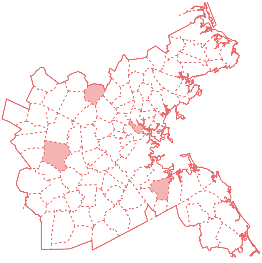 A map of the MPO region with the four re-elected municipalities indicated in red.