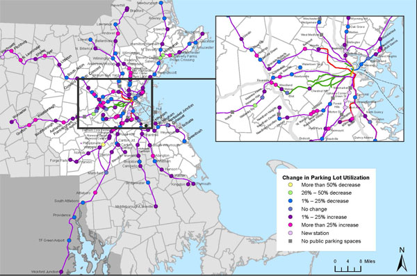 Map showing the change in parking lot utilization across the MBTA network.
