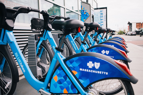 An image of a BlueBikes station.