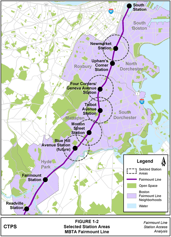 A map showing the Fairmount Line corridor and Readville, Fairmount, Blue Hill, Morton, Talbot, Four Corners, Upham's Corner, Newmarket, and South stations.