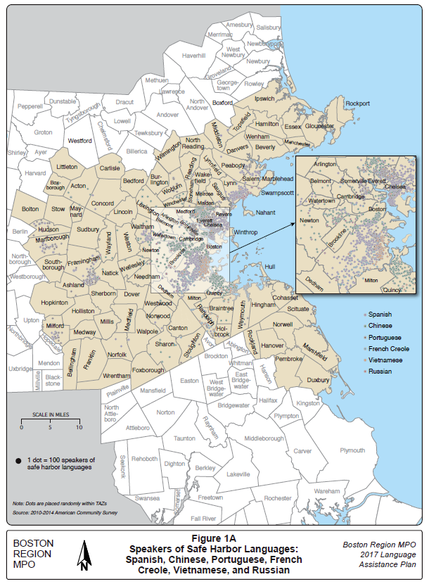 A map showing the location of speakers of Safe Harbor Languages (Spanish, Chinese, Portuguese, French Creole, Vietnamese, and Russian) in the Boston MPO Region.