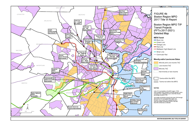 A map showing the location of transit projects in the TIP, overlaid on communities that have high concentrations of low-income and minority populations.