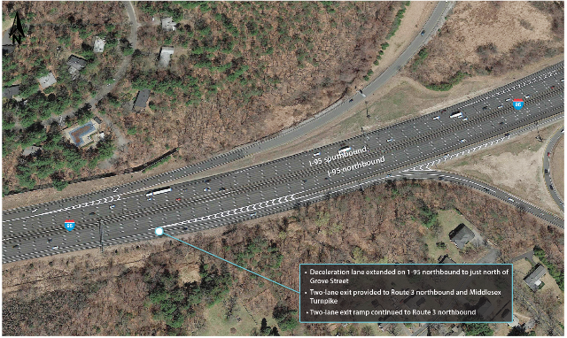 An overhead photograph of I-95 at Route 3 and the Middlesex Turnpike in Burlington after implementation of recommendations by MPO staff.
