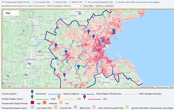 A screenshot of the PRCA database showing the Transportation Equity priority layer.