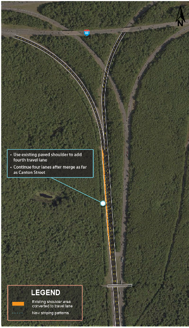 An overhead photograph of existing conditions on Route 24 southbound with illustration of recommendations by MPO staff.