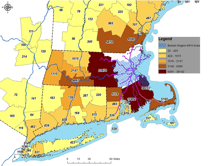 A map showing estimates of how many people commute into the Boston core, by county, using Census LODES data.
