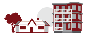 A graphic showing two buildings, one a single-family home and the other a triple-decker.