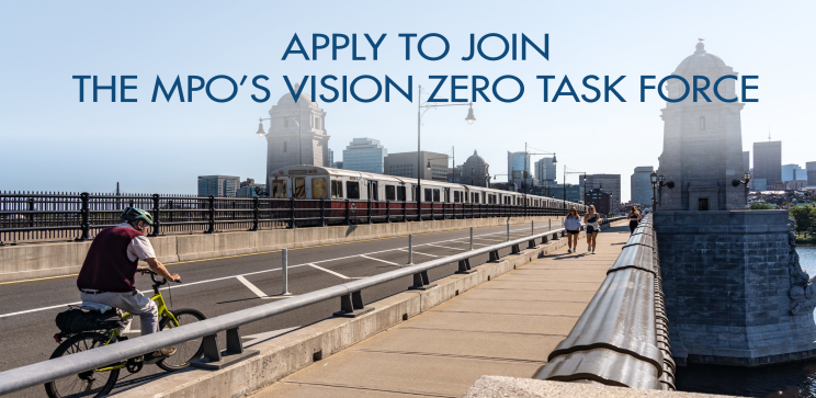 Image of a bike rider on a bridge with the Red Line behind with text that says "Apply to join the MPO's Vision Zero Task Force"
